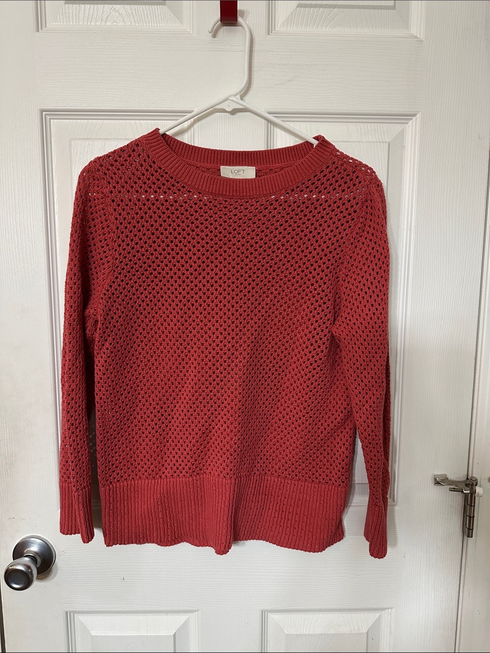 LOFT Open-Weave Crewneck Sweater in Coral